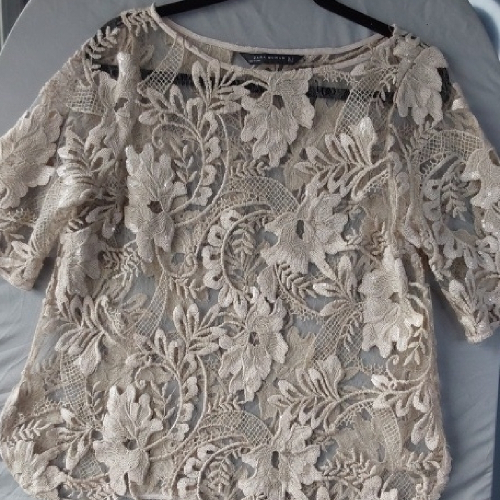 Zara Cream Floral Lace Embroidered Top